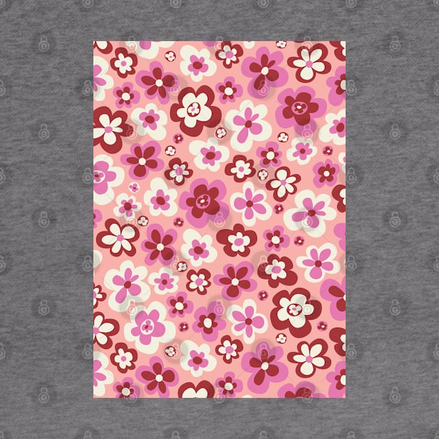 retro florals pattern, 70s groovy flowers, flower market, scandinavian florals, danish style, pink, red, burgundy, peach by blomastudios